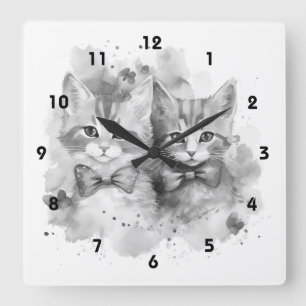 Horloge Carrée Chatons noirs et blancs avec des noeuds et des pap