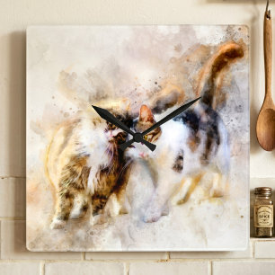 Horloge Carrée Chats Meilleurs amis pour l'aquarelle