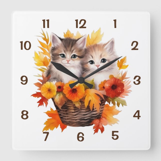 Horloge Carrée Chats mignons personnalisés en panier (Recto)