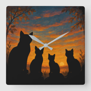 Horloge Carrée Chats regardent le coucher de soleil