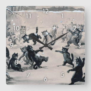 Horloge Carrée Chats Snowball Combat, Louis Wain