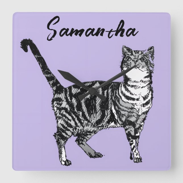 Horloge Carrée Chatte tigrée noire et blanche Nom Violet  (Recto)