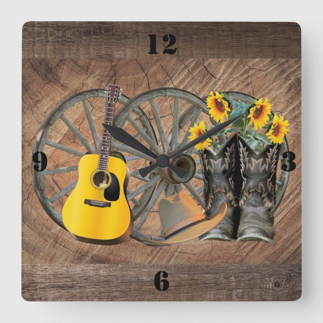 Horloge Carrée Chaussures de guitare Western Wagon Wheel  (Recto)