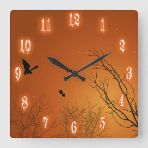 Horloge Carrée Chauves-souris et arbres d'Halloween