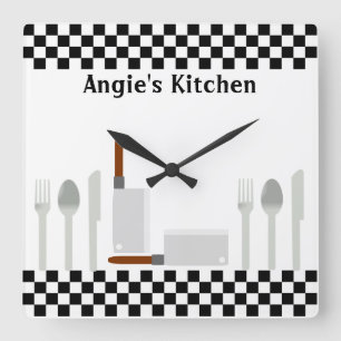 Horloge Carrée Checkerboard personnel Kitchen Utensils Clock