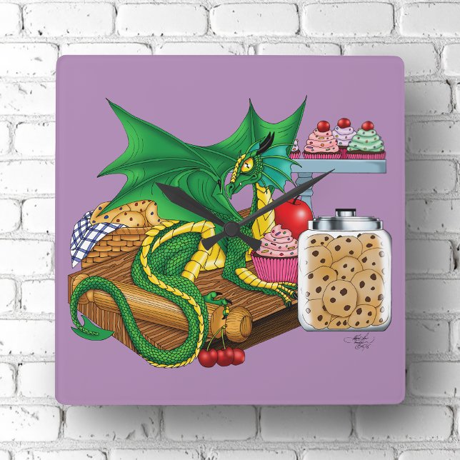 Horloge Carrée Chef pâtissier Dragon Vert (Créateur téléchargé)