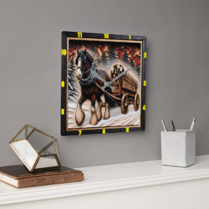 Horloge Carrée Chemin d'hiver Grain Charred Personnalisé Clydesda