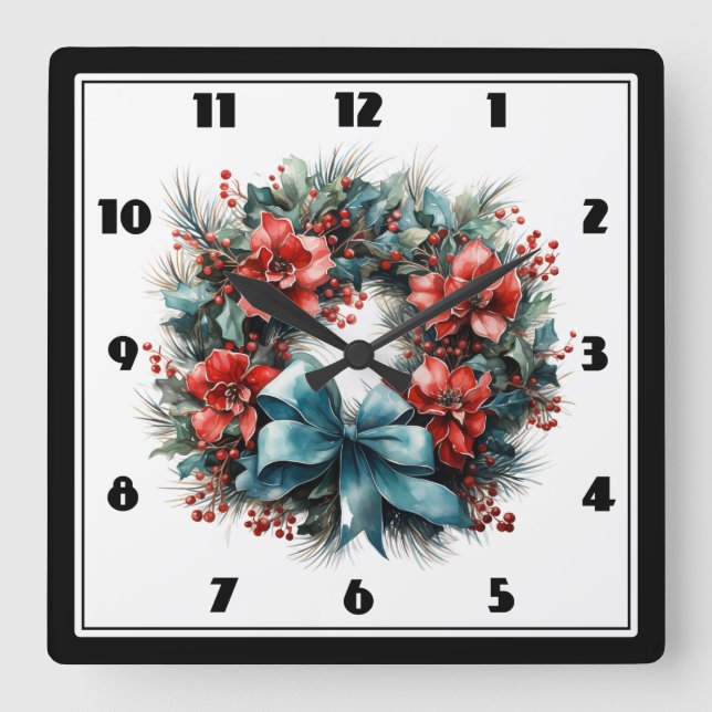 Horloge Carrée Chemise d'aquarelle de Noël avec Holly (Recto)
