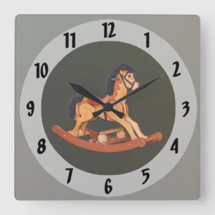 Horloge Carrée Cheval à Bascule en Bois Vintage