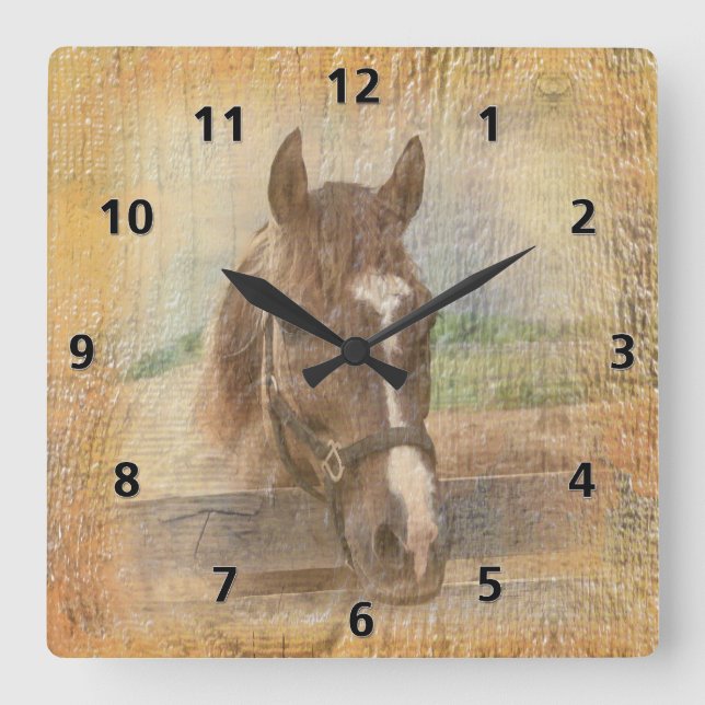 Horloge Carrée Cheval Brown avec halter sur bois ancien (Recto)