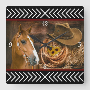 Horloge Carrée Cheval Cowboy Casquette Lasso Western Motif