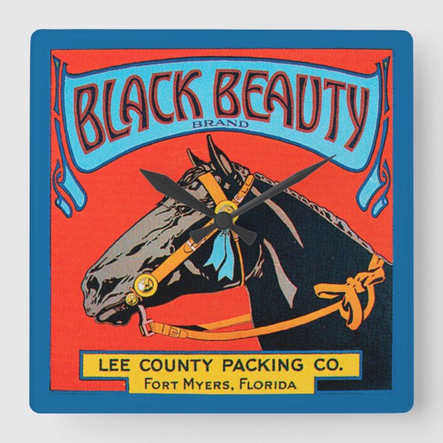 Horloge Carrée Cheval de beauté noir sur Arrière - plan rouge (Recto)