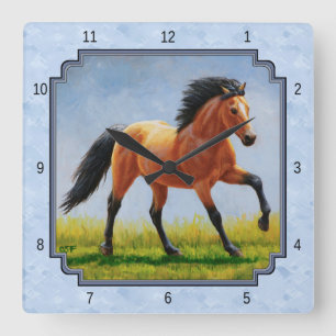 Horloge Carrée Cheval de Buckskin courant bleu clair
