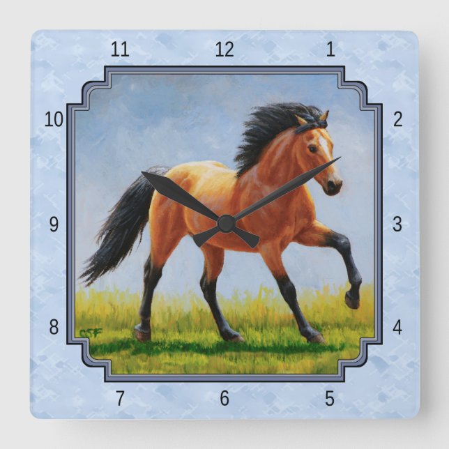 Horloge Carrée Cheval de Buckskin courant bleu clair (Recto)