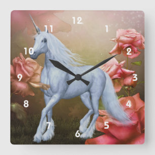 Horloge Carrée Cheval de licorne blanche Roses roses rose Imagina