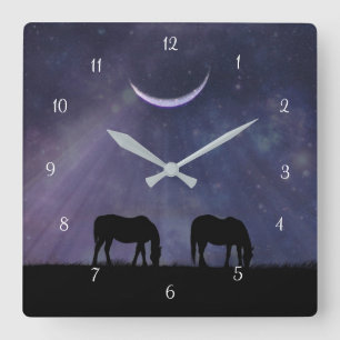 Horloge Carrée Cheval d'Imaginaire et lune de croissant