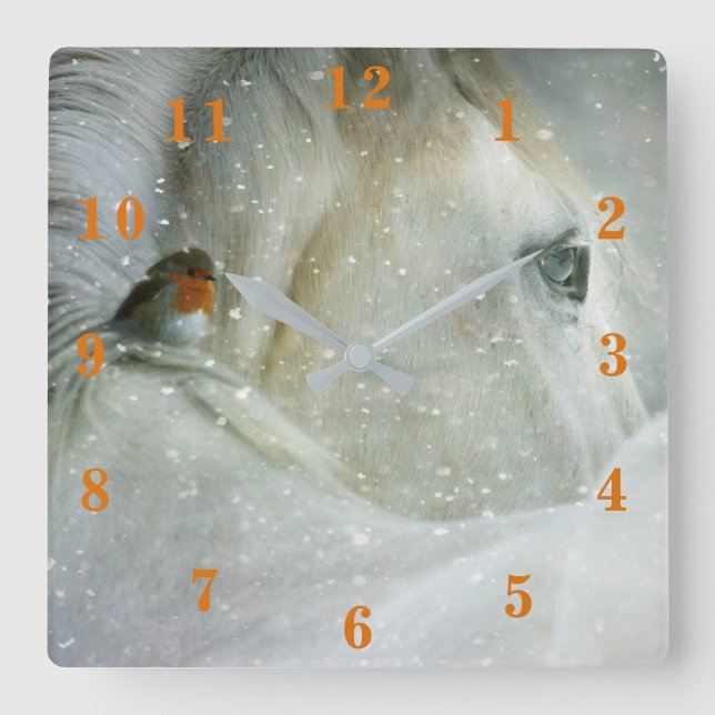 Horloge Carrée Cheval et Robin d'hiver (Recto)