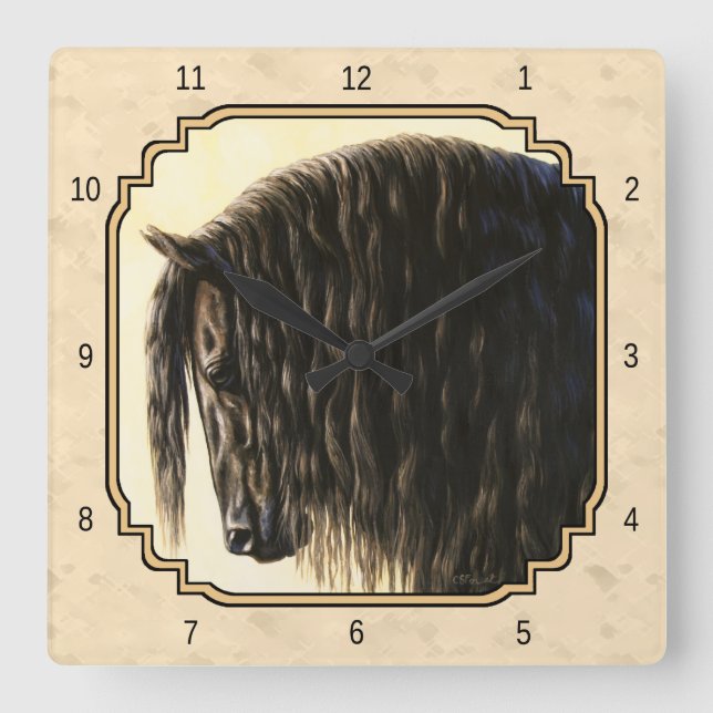 Horloge Carrée Cheval friésien Noir Beige (Recto)