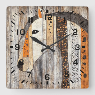 Horloge Carrée Cheval géométrique bohème rustique grain de bois