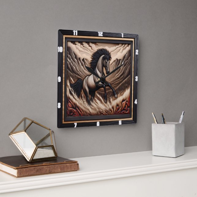 Horloge Carrée Cheval Mustang Range qui saute dans un creux de mo (Bureau)