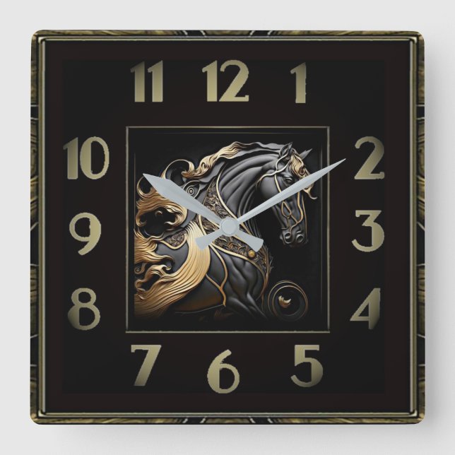 Horloge Carrée Cheval noir et or Art Déco (Recto)
