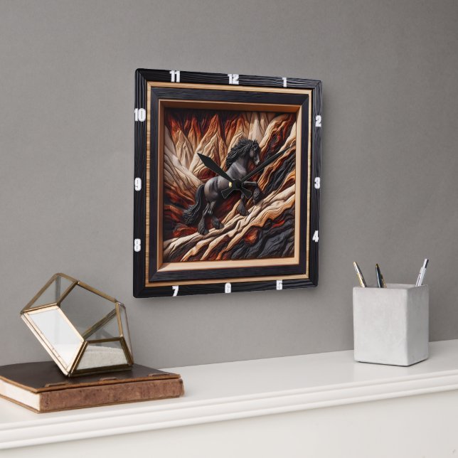 Horloge Carrée Cheval noir Haflinger : Choix de style Art Bois (Bureau)