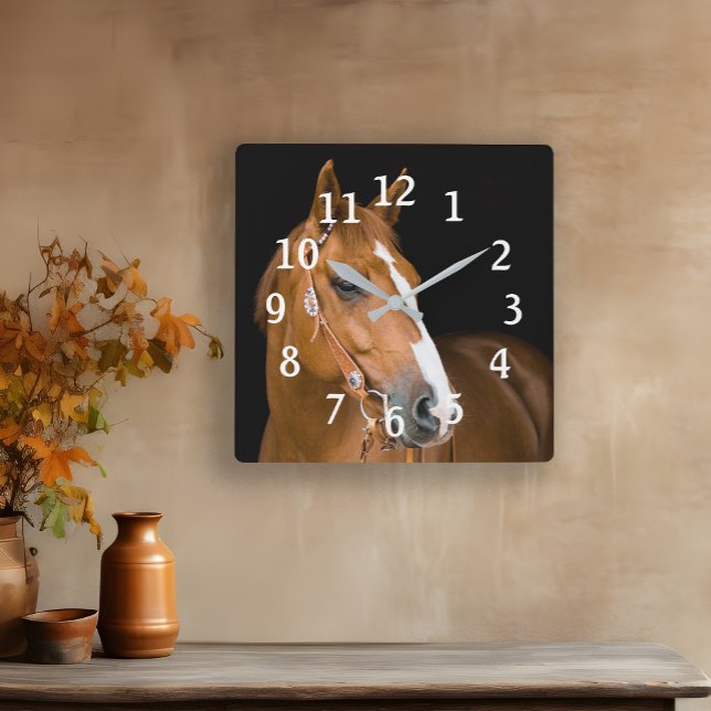 Horloge Carrée Cheval Photo Brown Quartier Blanc Cheval Numéroté (Beautiful brown and white quarter-horse photo wall clock)