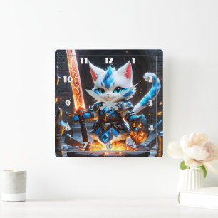Horloge Carrée Chevalier de chat en armure brandissant une épée f