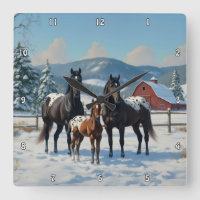 Chevaux Appaloosa noirs sur une ferme en hiver
