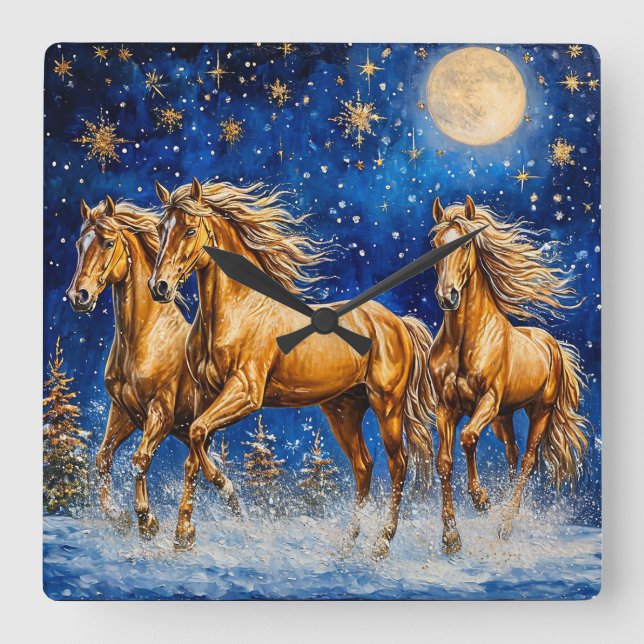Horloge Carrée Chevaux de dessin animé mignons (Recto)