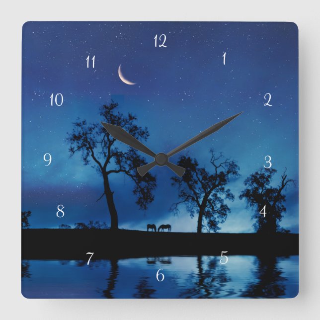 Horloge Carrée Chevaux et étoiles lunaires Fantastique Beau (Recto)