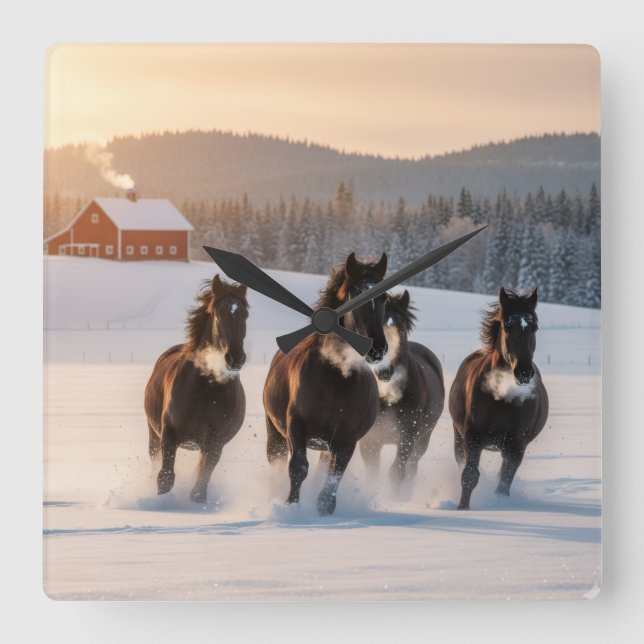 Horloge Carrée Chevaux galopant par un matin d'hiver -  (Recto)