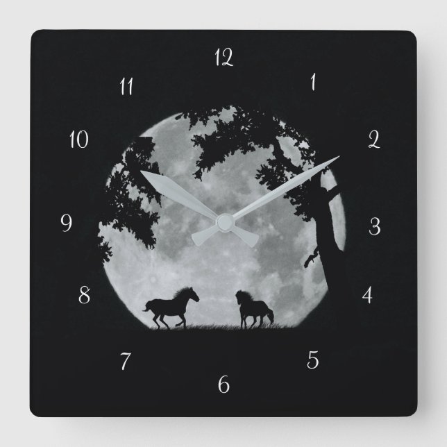 Horloge Carrée Chevaux Jouant au Clair de Lune Fantastique (Recto)