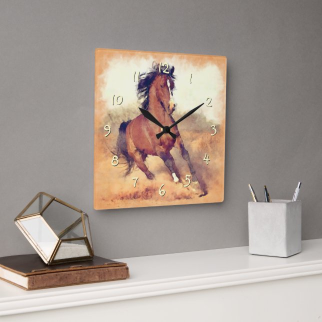 Horloge Carrée Chevaux Mustang Sauvages Stampede Aquarelle (Bureau)