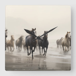Horloge Carrée Chevaux sauvages sur une plage brumeuse