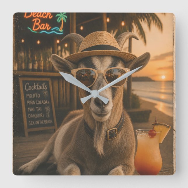Horloge Carrée Chèvre de plage cool avec cocktail (Recto)