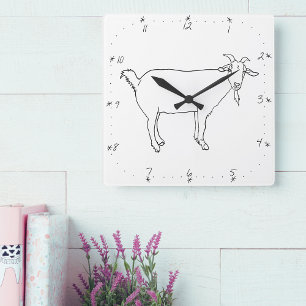 Horloge Carrée Chèvre mignonne Ligne simple Dessin animal irrégul