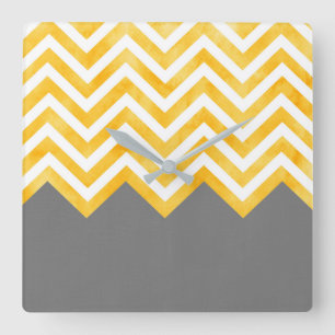 Horloge Carrée Chevron gris jaune doré