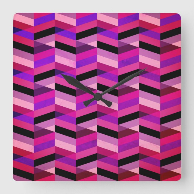Horloge Carrée Chevron/Herringbone abstrait | Violets et Violet (Recto)