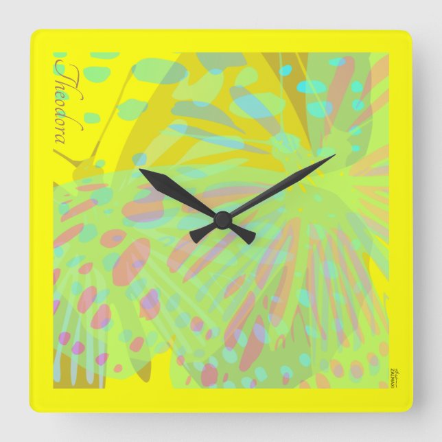 Horloge Carrée Chic Abstrait Papillon Or Violet Jaune (Recto)