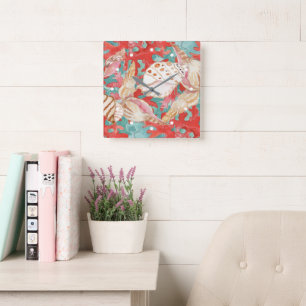 Horloge Carrée Chic Aqua Turquoise Coral Motif de coquillages rou