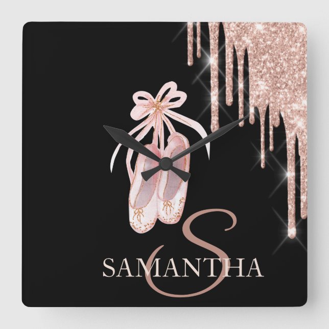 Horloge Carrée Chic Ballet Shoes Rose Gold Glitter Drips (Recto)