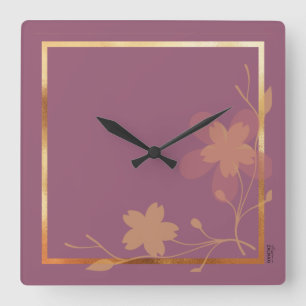 Horloge Carrée Chic Gold violet Abstrait cadre floral