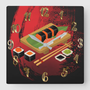 Horloge Carrée Chic Modern Elegant Black & Red Sushi