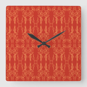 Horloge Carrée Chic orange sur Red Poppy Outline Carré Mur Horlog