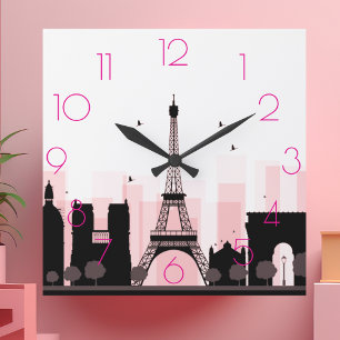Horloge Carrée Chic PARIS Tour Eiffel Skyline rose moderne
