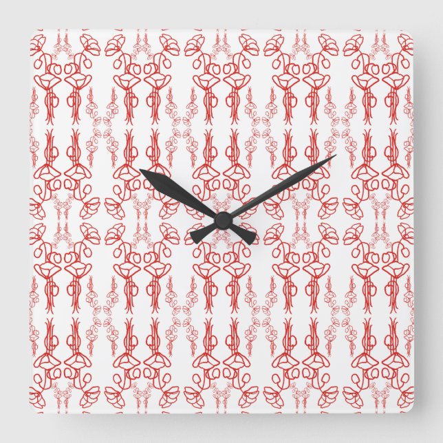 Horloge Carrée Chic Poppy Outline rouge sur blanc Carré cadenas (Recto)