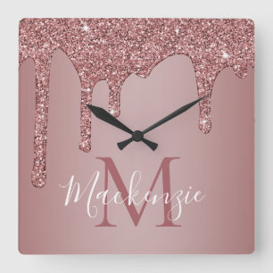 Horloge Carrée Chic Rose Gold Parties scintillant gouttes Monogra