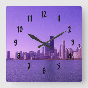 Horloge Carrée Chicago Skyline Deep Purplish Hues
