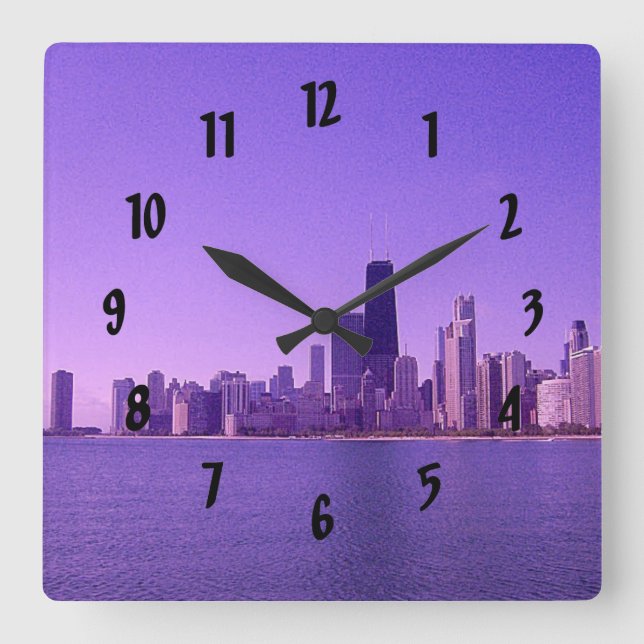 Horloge Carrée Chicago Skyline Deep Purplish Hues (Recto)